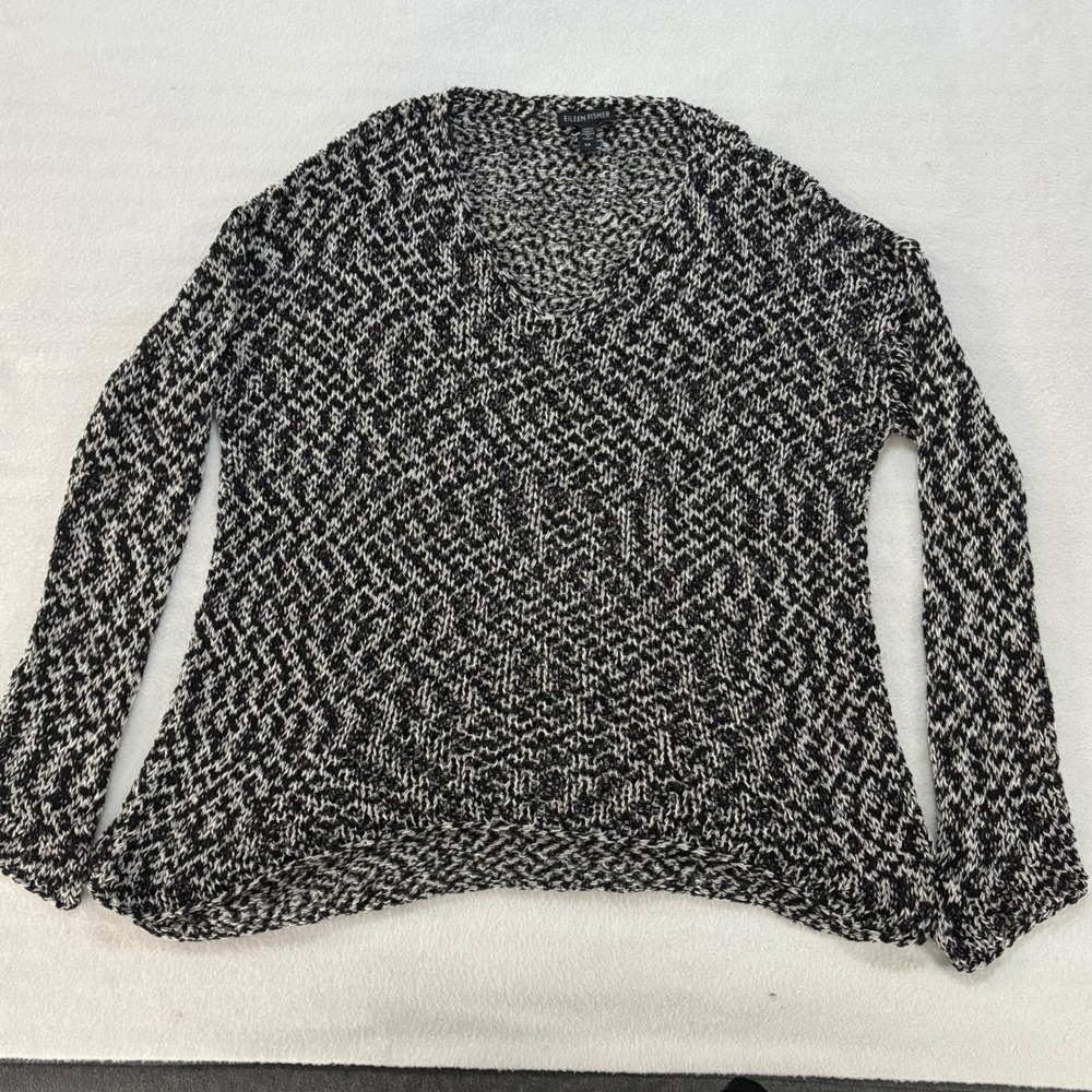 Eileen Fisher Womens V-Neck Marled Knit Sweater Black White Cotton Blend S/P